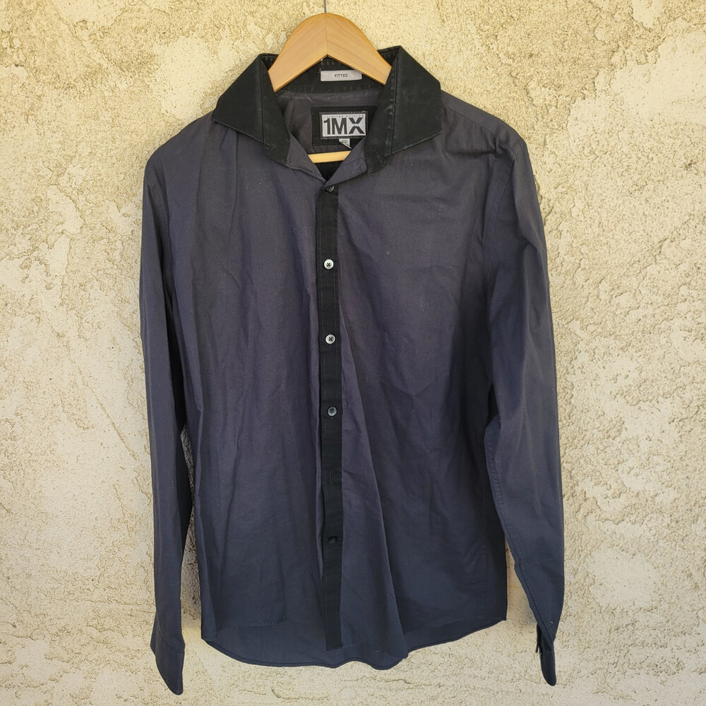 Express 1Mx Mens Fitted Shirt Size M Jet Black Long Sleeve Button Up Collared